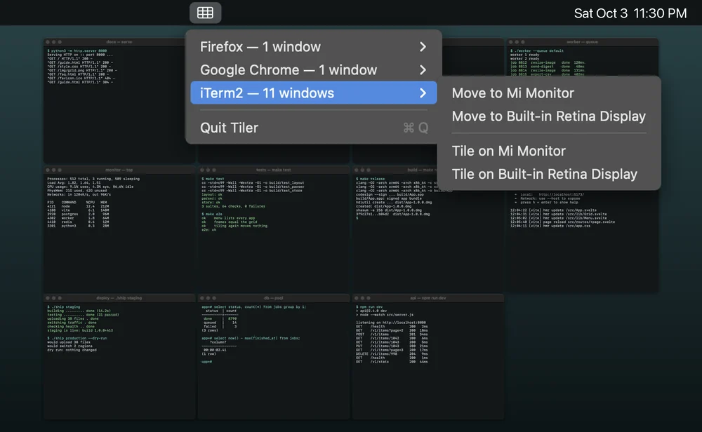 Tiler’s menu-bar menu open on iTerm2 — 11 windows, offering Move to and Tile on for each display, over eleven terminal windows tiled in an equal four-by-three grid